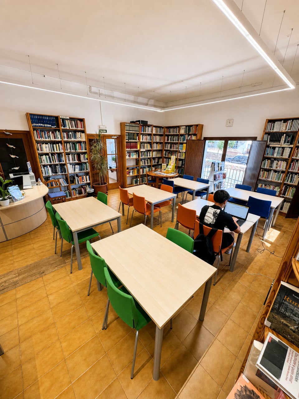 Sala de lectura de la biblioteca amb taules i prestatgeries